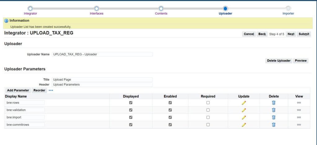 create integrator uploader parameters oracle webadi