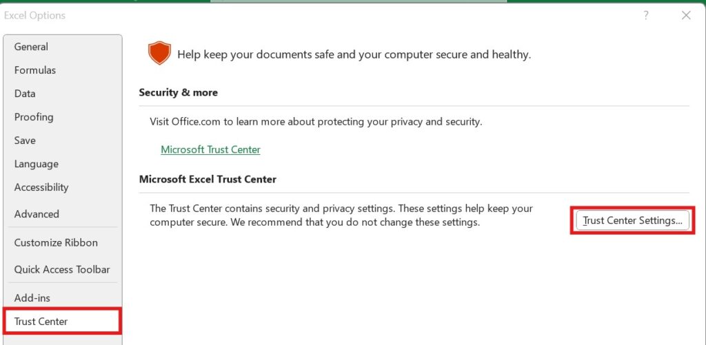 trust center Settings