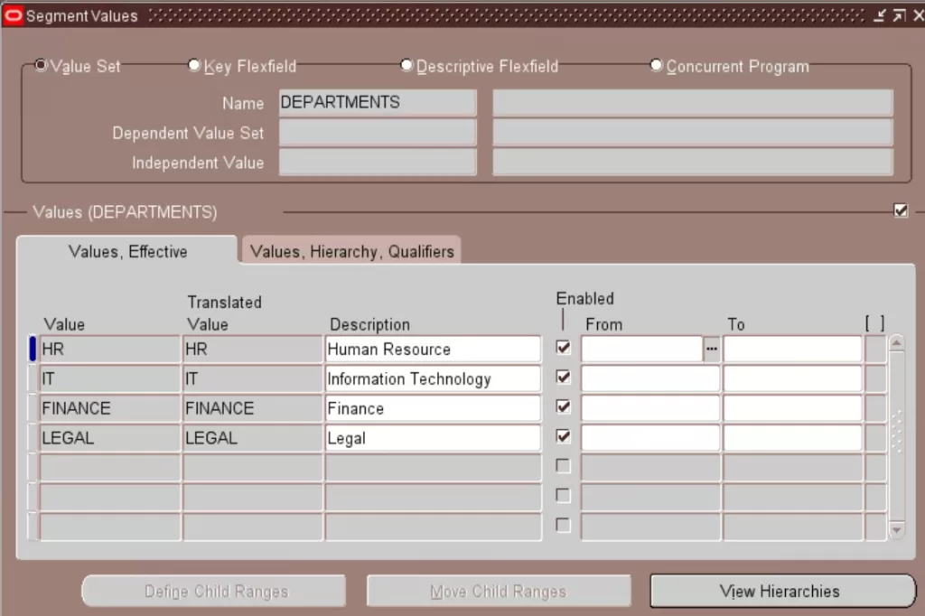 value sets validation type Independent Segment values