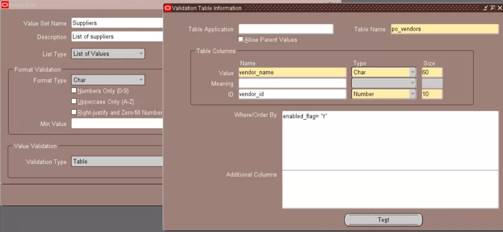value sets validation type Table