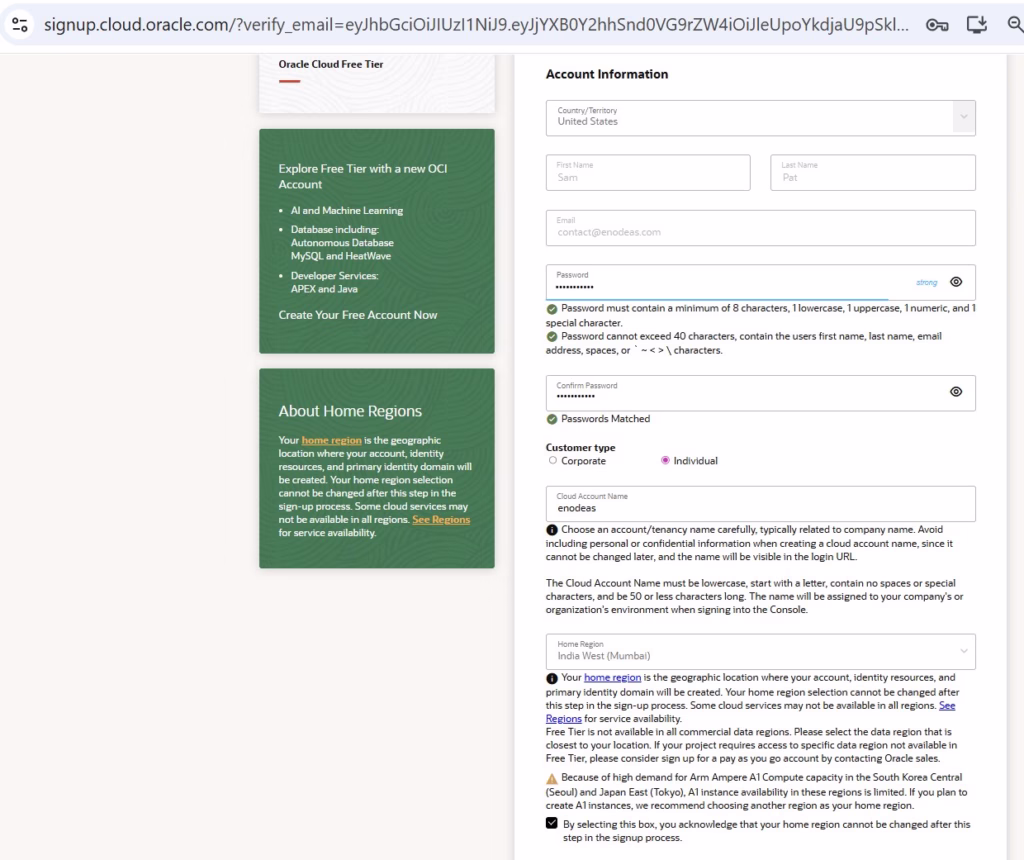 Oracle Cloud User password Home Region create an oracle account